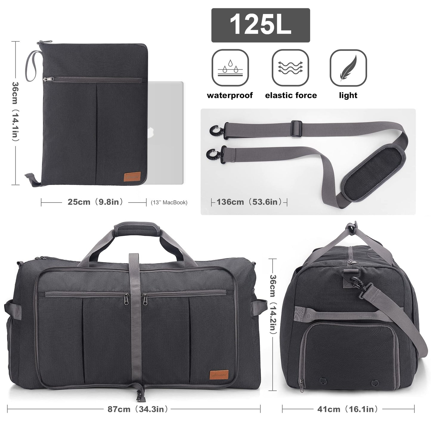 Upeelife 125L Travel Bag mit Schuhfach Weekender