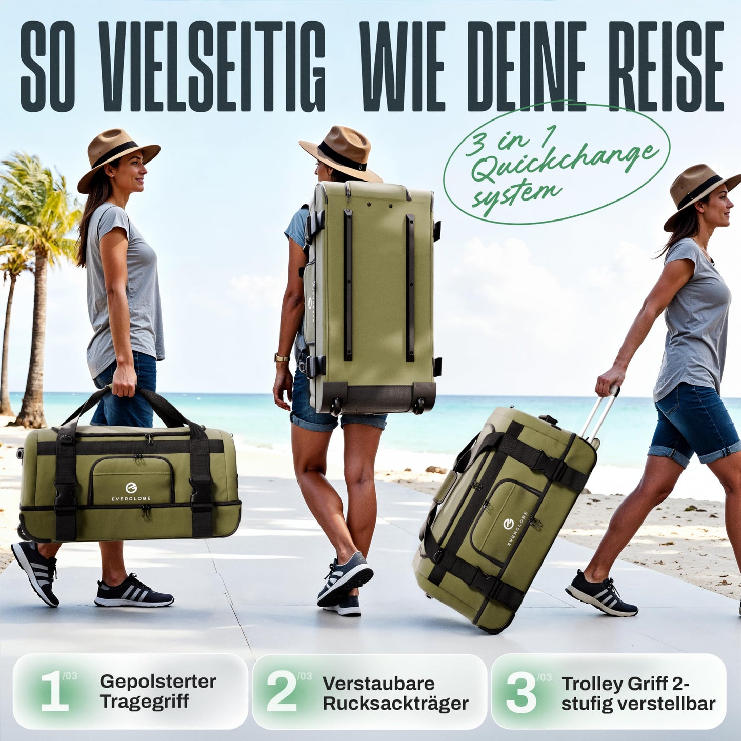 XXL Reisetasche 120L mit Rollen Khaki Trolley Rucksack