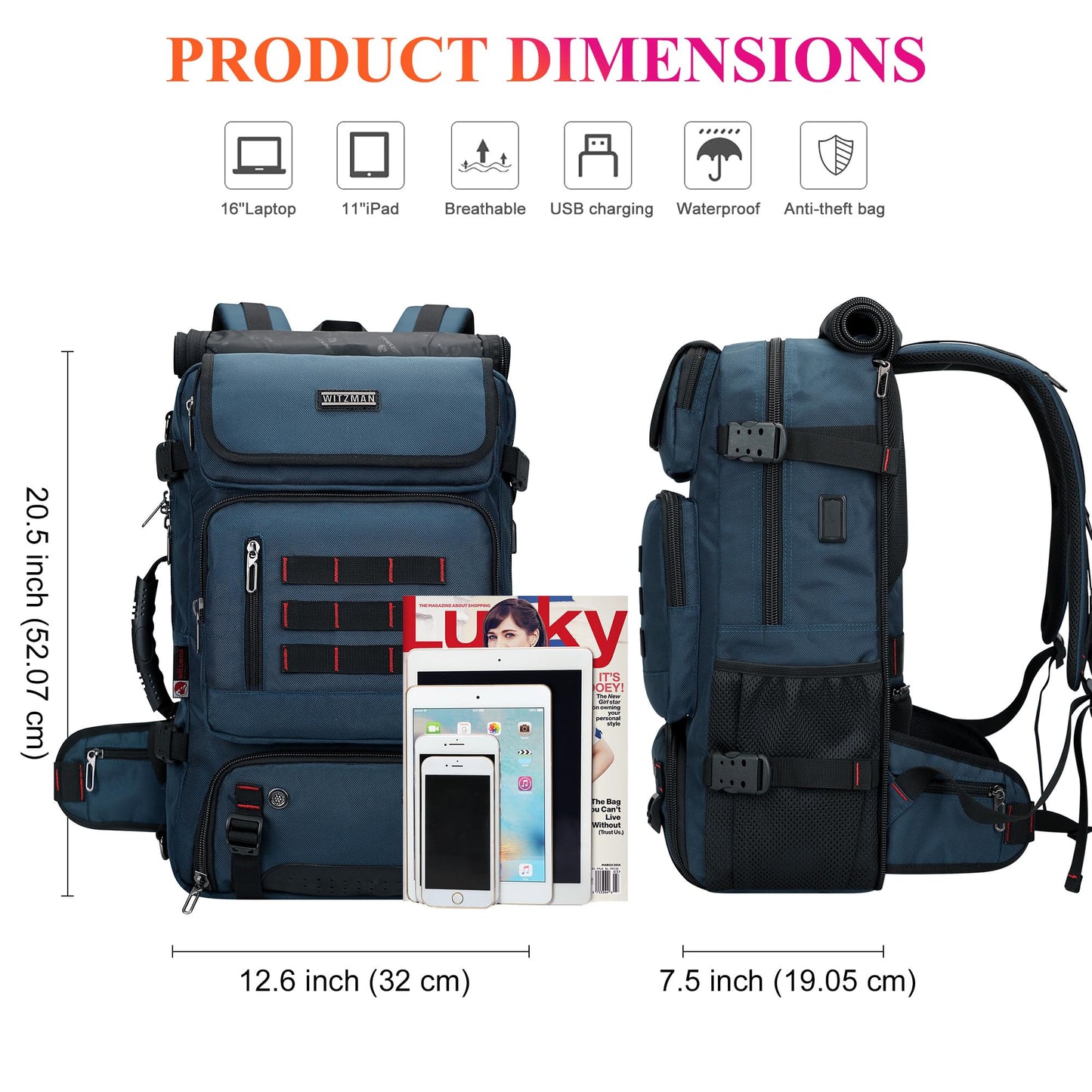 WITZMAN Laptop Rucksack 16 Zoll Reise Tasche Blau
