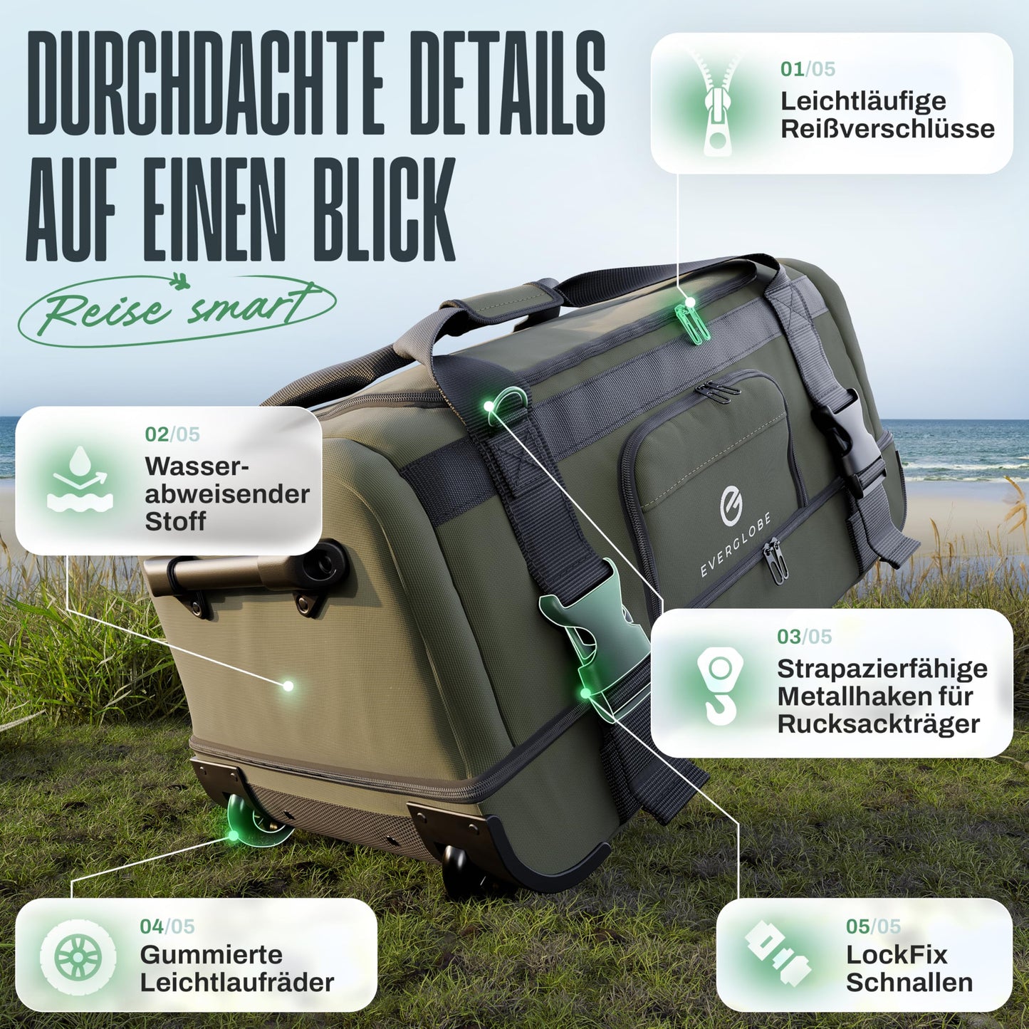 XXL Reisetasche 120L mit Rollen Khaki Trolley Rucksack