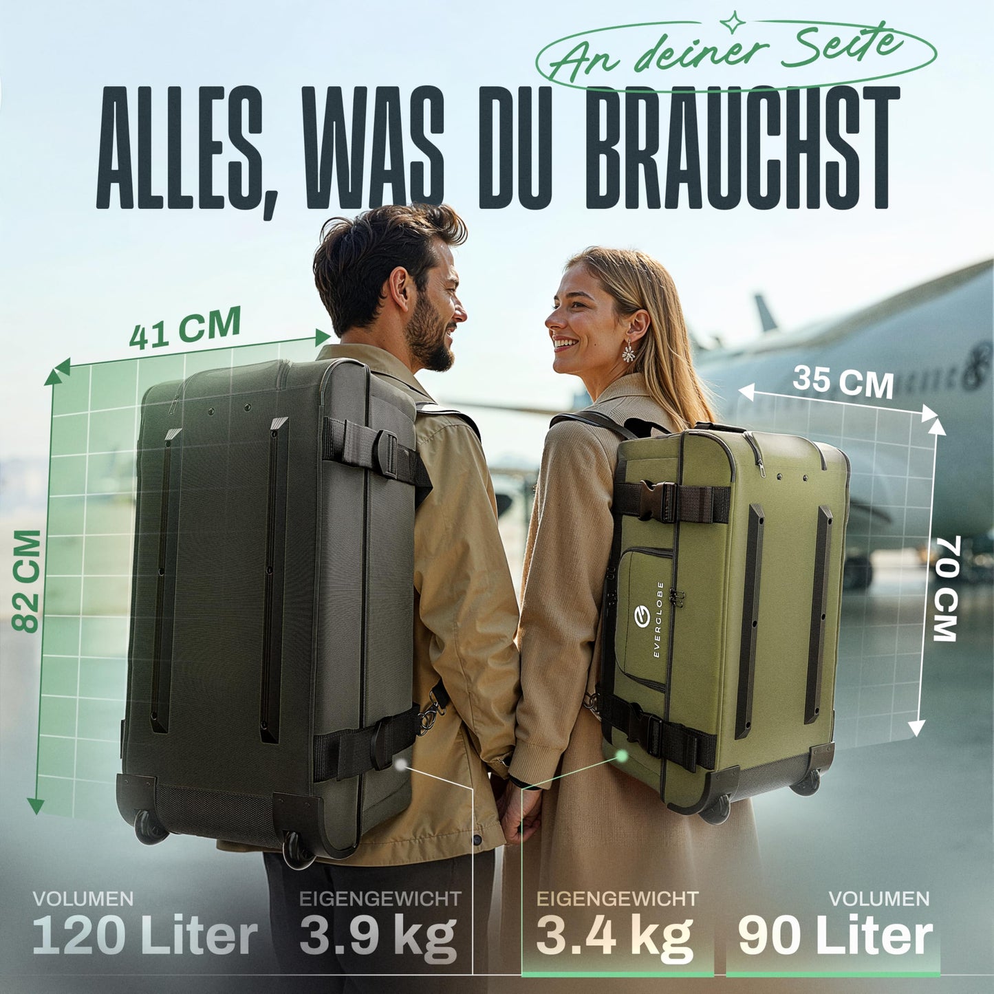 XXL Reisetasche 120L mit Rollen Khaki Trolley Rucksack